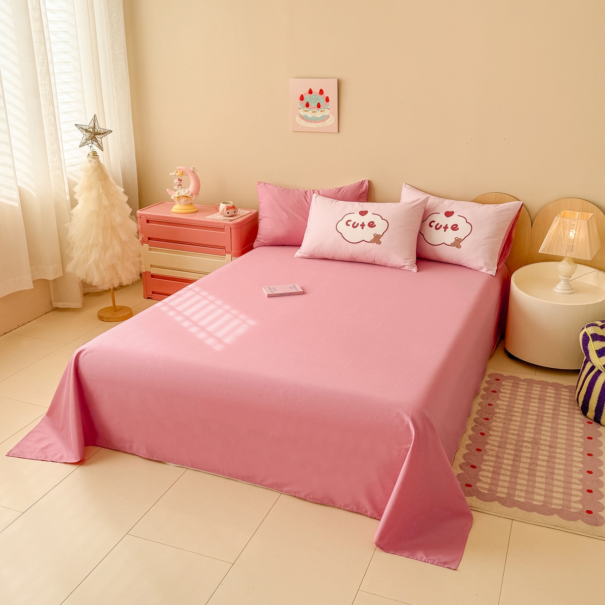 玉元坊 2025新款13372全棉纯棉180*230*250cm纯色床单 蛋糕公主-浅豆沙