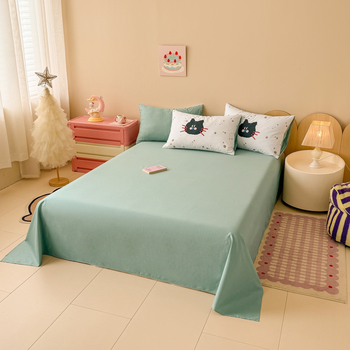 玉元坊 2025新款13372全棉纯棉180*230*250cm纯色床单 猫钓鱼-浅绿