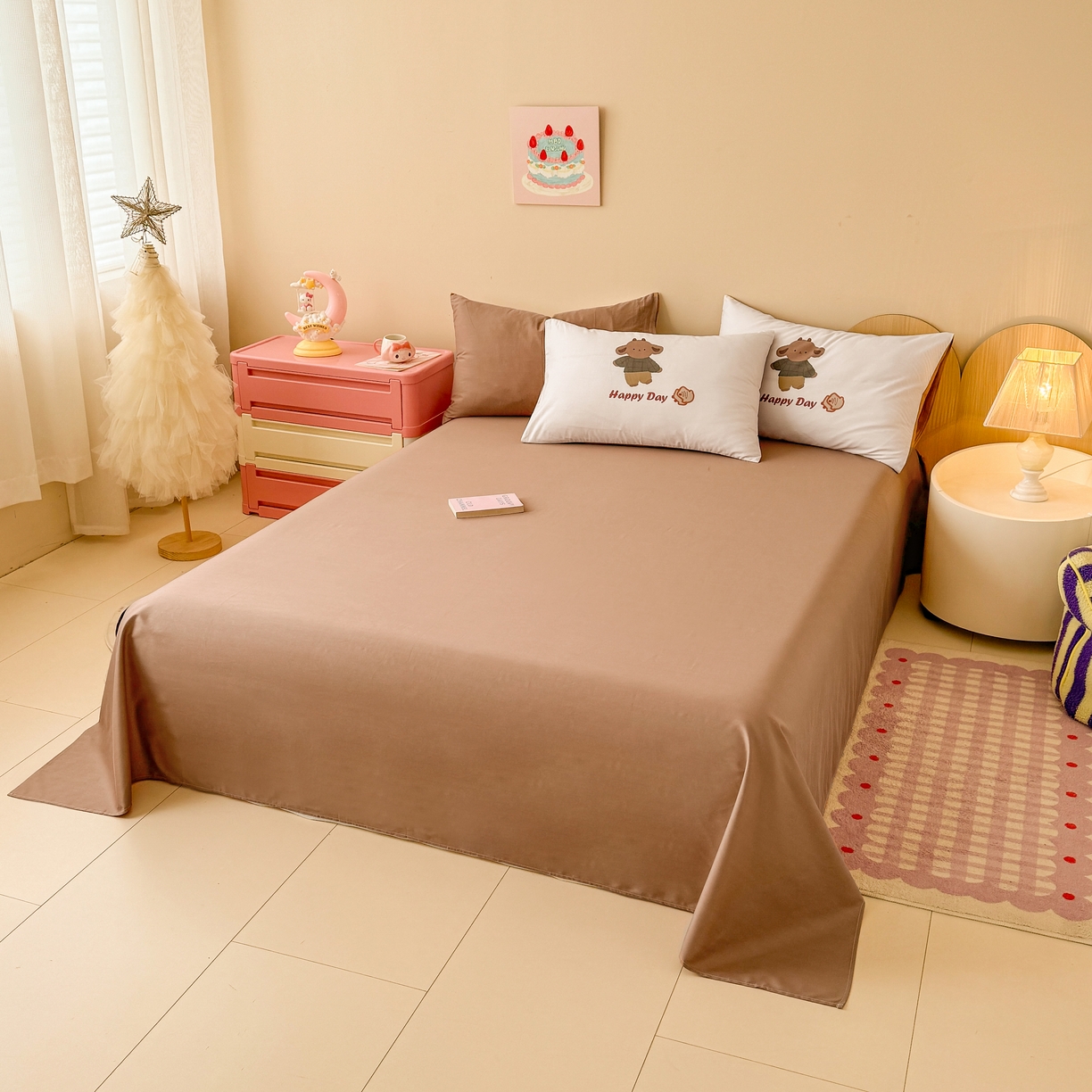 玉元坊 2025新款13372全棉纯棉180*230*250cm纯色床单 快乐小熊-浅咖