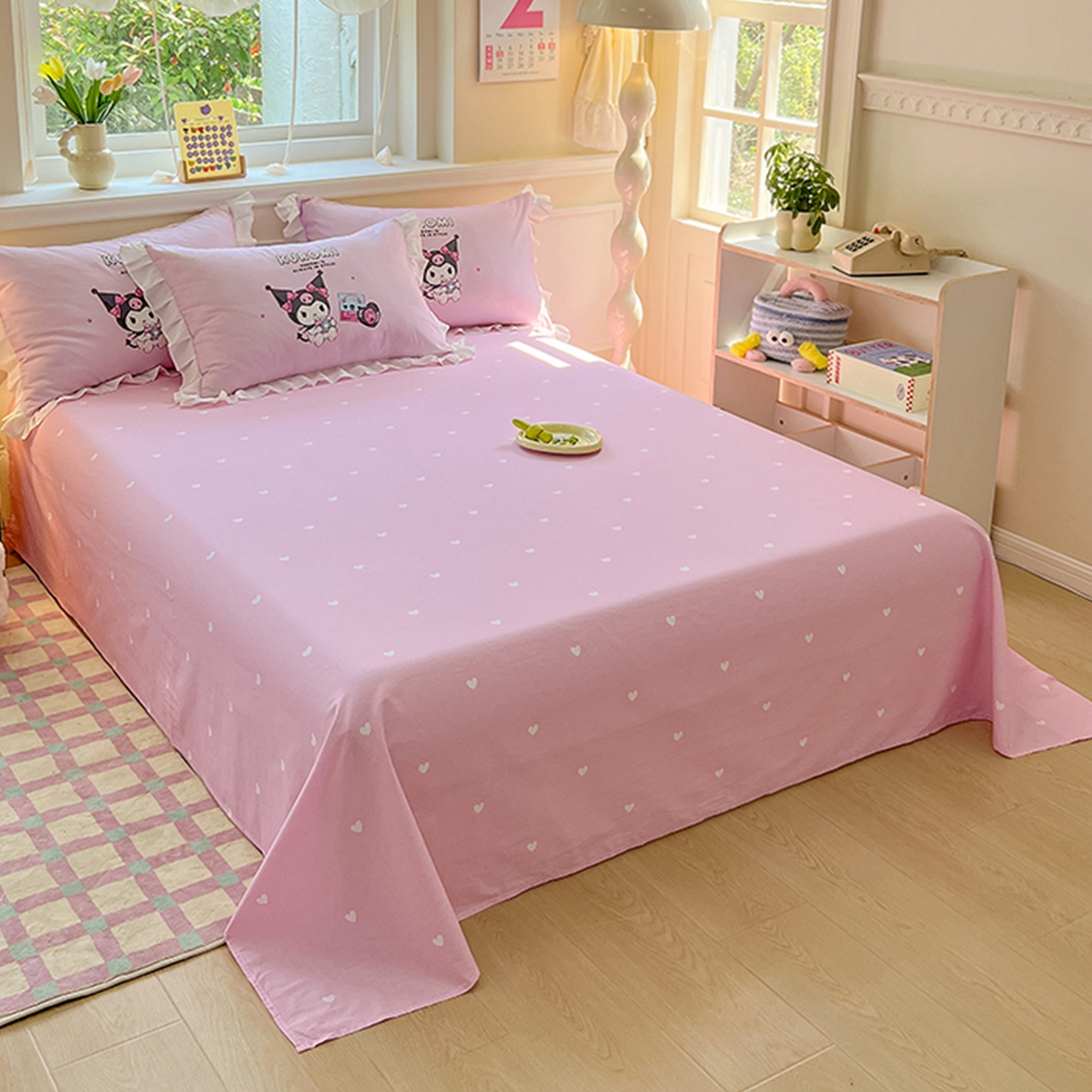 玉元坊 2025新款13372全棉纯棉180*230*250cm纯色床单 粉色小点点