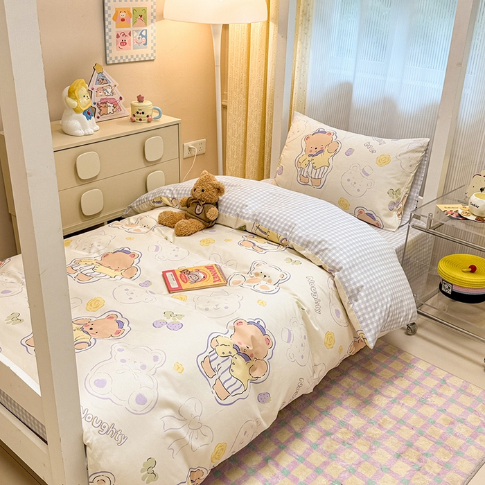 91家纺网 家纺一手货源 找家纺 （总）小懒猪 2025新款ins风小红书同款卡通小清新13372全棉纯棉AB版学生上下铺三件套