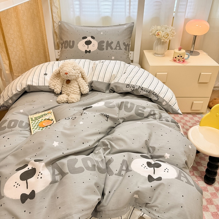 91家纺网 家纺一手货源 找家纺 小懒猪 2025新款ins风小红书同款卡通小清新13372全棉纯棉AB版学生上下铺三件套 斑点狗