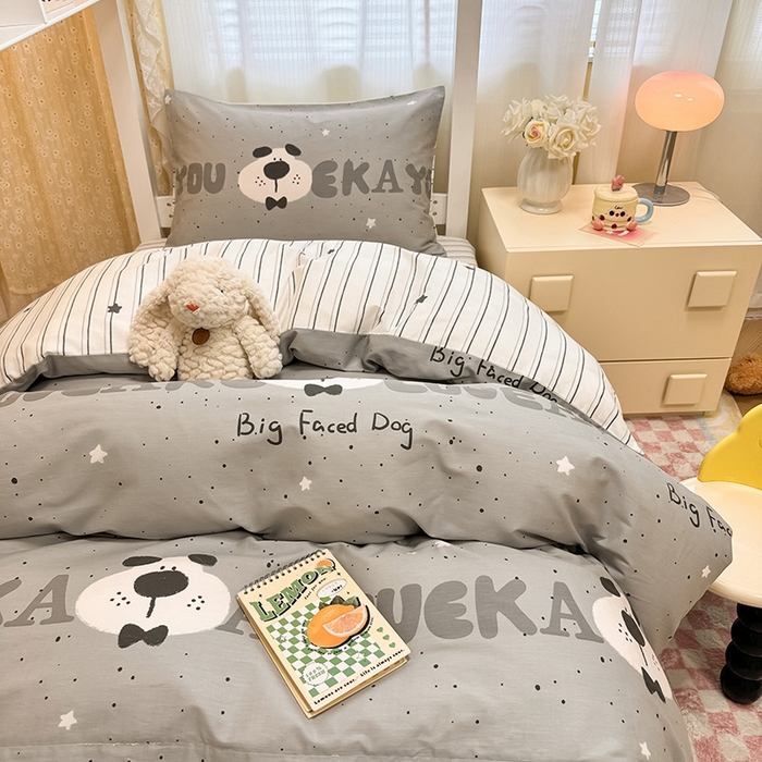 91家纺网 家纺一手货源 找家纺 小懒猪 2025新款ins风小红书同款卡通小清新13372全棉纯棉AB版学生上下铺三件套 斑点狗