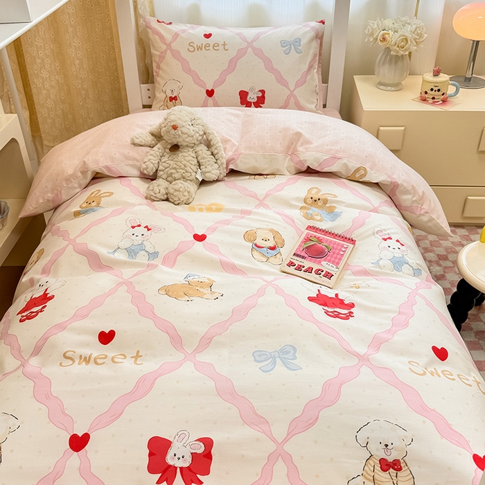 91家纺网 家纺一手货源 找家纺 小懒猪 2025新款ins风小红书同款卡通小清新13372全棉纯棉AB版学生上下铺三件套 洛贝莎