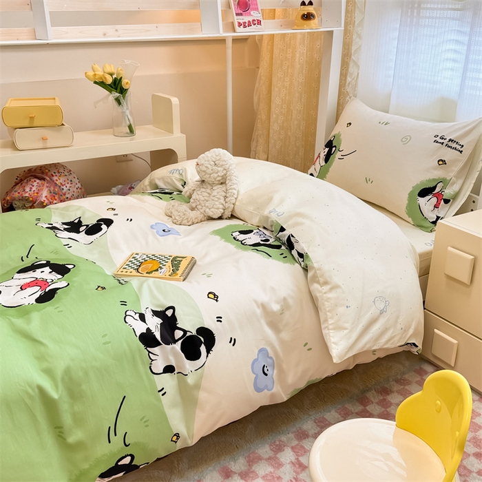 91家纺网 家纺一手货源 找家纺 小懒猪 2025新款ins风小红书同款卡通小清新13372全棉纯棉AB版学生上下铺三件套 淘气喵