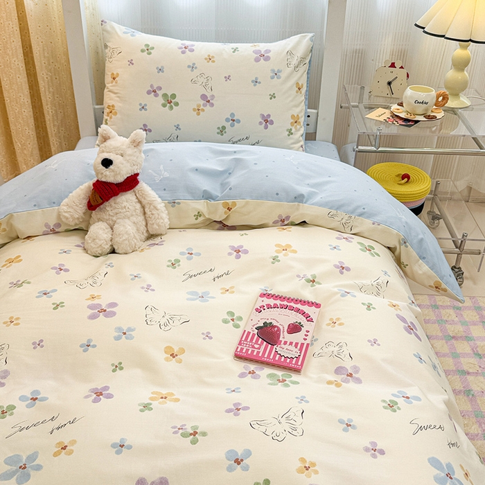 91家纺网 家纺一手货源 找家纺 小懒猪 2025新款ins风小红书同款卡通小清新13372全棉纯棉AB版学生上下铺三件套 花蝶梦语