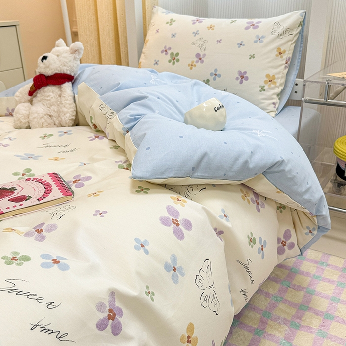 91家纺网 家纺一手货源 找家纺 小懒猪 2025新款ins风小红书同款卡通小清新13372全棉纯棉AB版学生上下铺三件套 花蝶梦语