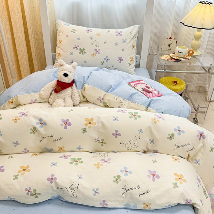 91家纺网 家纺一手货源 找家纺 小懒猪 2025新款ins风小红书同款卡通小清新13372全棉纯棉AB版学生上下铺三件套 花蝶梦语