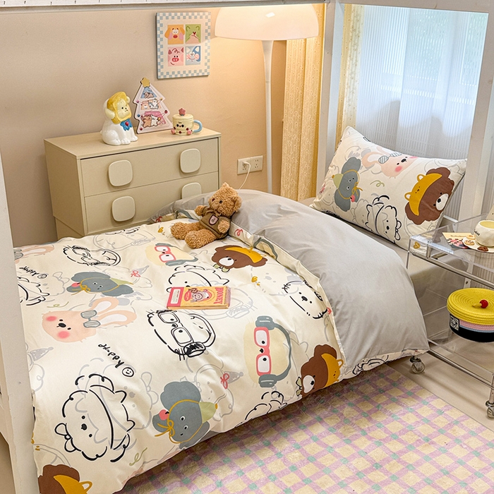 91家纺网 家纺一手货源 找家纺 小懒猪 2025新款ins风小红书同款卡通小清新13372全棉纯棉AB版学生上下铺三件套 酷宝欢趣