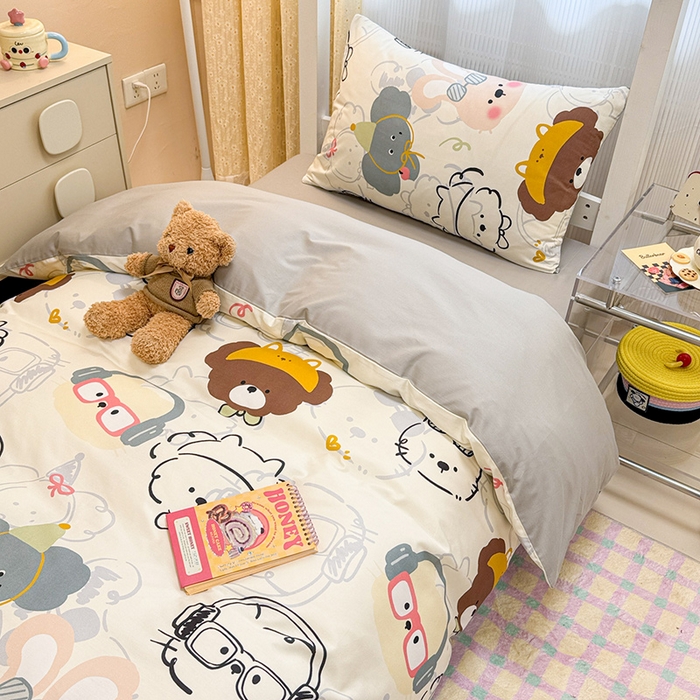 91家纺网 家纺一手货源 找家纺 小懒猪 2025新款ins风小红书同款卡通小清新13372全棉纯棉AB版学生上下铺三件套 酷宝欢趣