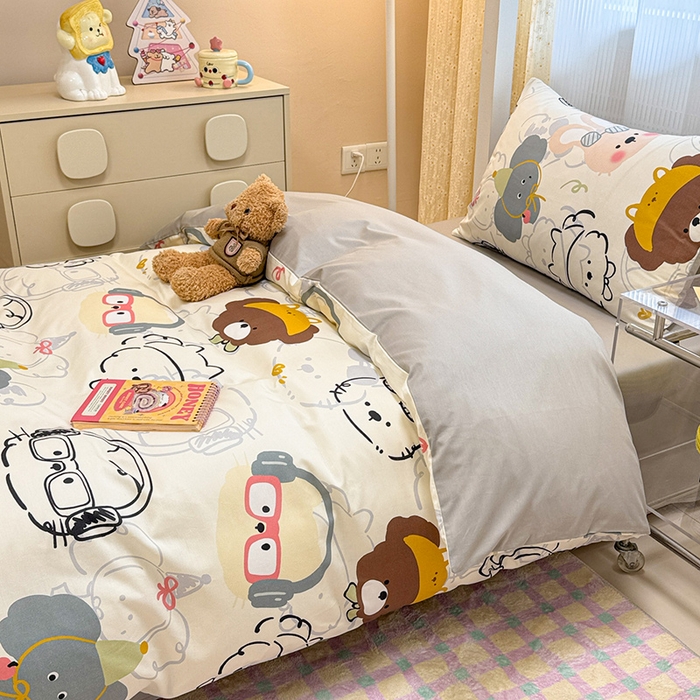 91家纺网 家纺一手货源 找家纺 小懒猪 2025新款ins风小红书同款卡通小清新13372全棉纯棉AB版学生上下铺三件套 酷宝欢趣