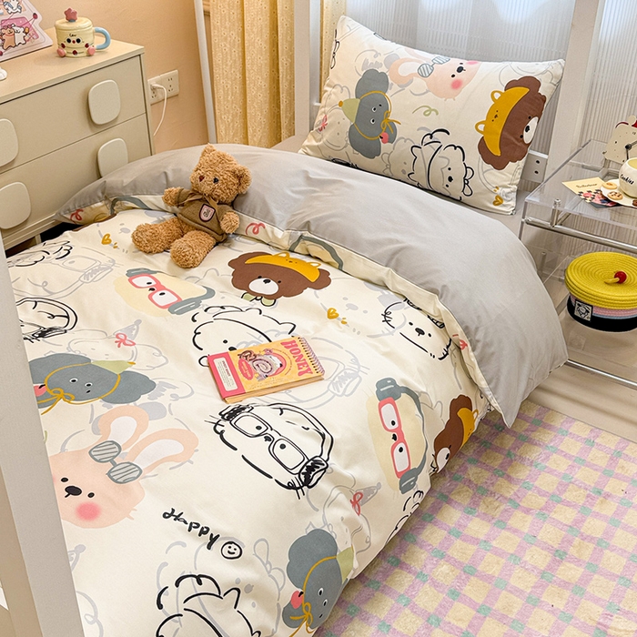 91家纺网 家纺一手货源 找家纺 小懒猪 2025新款ins风小红书同款卡通小清新13372全棉纯棉AB版学生上下铺三件套 酷宝欢趣