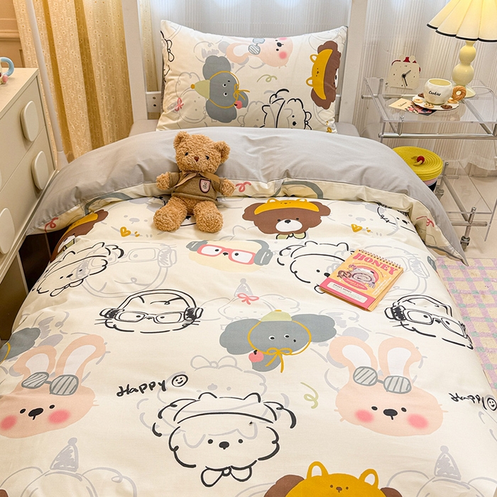 91家纺网 家纺一手货源 找家纺 小懒猪 2025新款ins风小红书同款卡通小清新13372全棉纯棉AB版学生上下铺三件套 酷宝欢趣