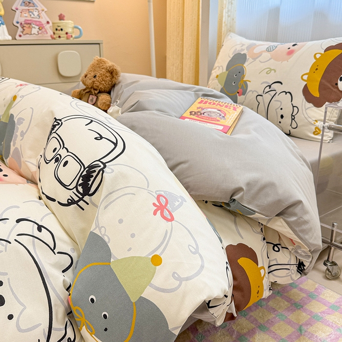 91家纺网 家纺一手货源 找家纺 小懒猪 2025新款ins风小红书同款卡通小清新13372全棉纯棉AB版学生上下铺三件套 酷宝欢趣