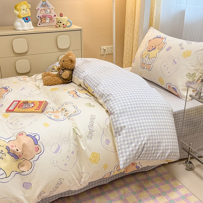 91家纺网 家纺一手货源 找家纺 小懒猪 2025新款ins风小红书同款卡通小清新13372全棉纯棉AB版学生上下铺三件套 蜜果熊乐