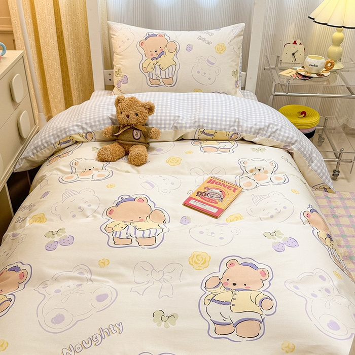 91家纺网 家纺一手货源 找家纺 小懒猪 2025新款ins风小红书同款卡通小清新13372全棉纯棉AB版学生上下铺三件套 蜜果熊乐