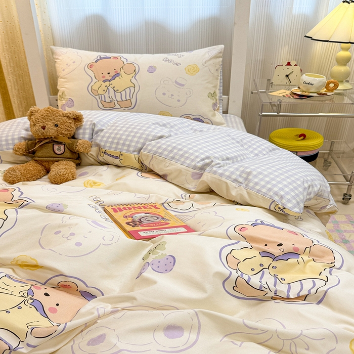 91家纺网 家纺一手货源 找家纺 小懒猪 2025新款ins风小红书同款卡通小清新13372全棉纯棉AB版学生上下铺三件套 蜜果熊乐