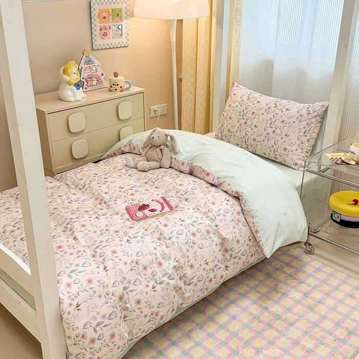 小懒猪 2025新款ins风小红书同款卡通小清新13372全棉纯棉AB版学生上下铺三件套 浅花枝香