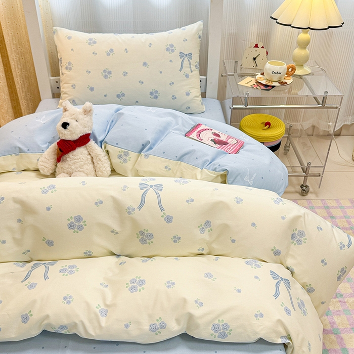 91家纺网 家纺一手货源 找家纺 小懒猪 2025新款ins风小红书同款卡通小清新13372全棉纯棉AB版学生上下铺三件套 清柔漫漫