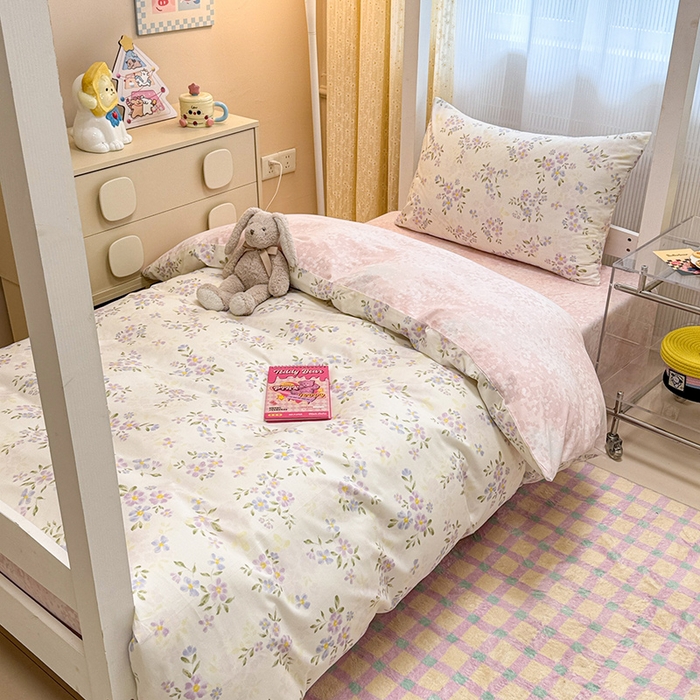 小懒猪 2025新款ins风小红书同款卡通小清新13372全棉纯棉AB版学生上下铺三件套 紫婉花漾