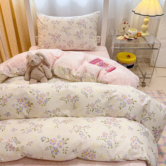 91家纺网 家纺一手货源 找家纺 小懒猪 2025新款ins风小红书同款卡通小清新13372全棉纯棉AB版学生上下铺三件套 紫婉花漾