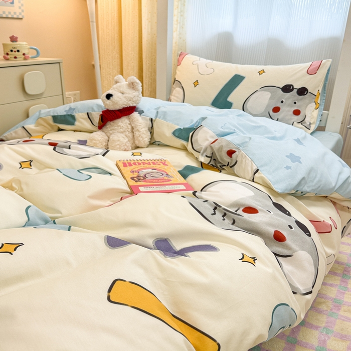 91家纺网 家纺一手货源 找家纺 小懒猪 2025新款ins风小红书同款卡通小清新13372全棉纯棉AB版学生上下铺三件套 字母小象