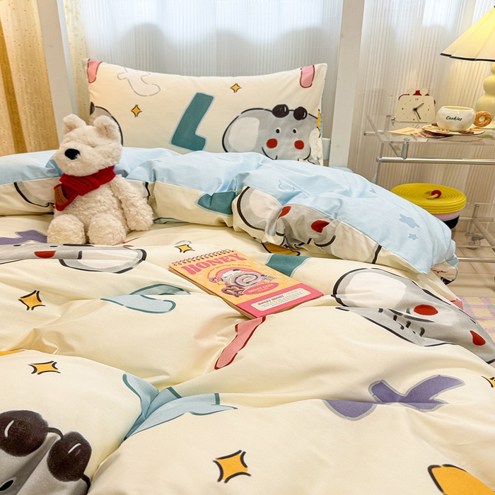 91家纺网 家纺一手货源 找家纺 小懒猪 2025新款ins风小红书同款卡通小清新13372全棉纯棉AB版学生上下铺三件套 字母小象