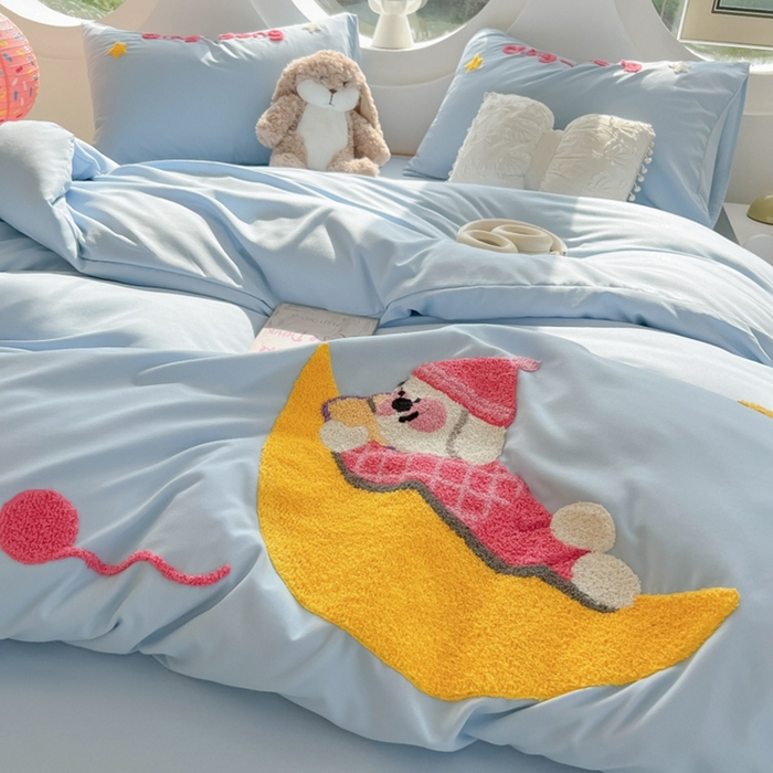 91家纺网 家纺一手货源 找家纺 韩巢家纺 2025新款毛巾绣四件套超柔水洗棉学生宿舍床上三件套（提供卖家秀） 晚安