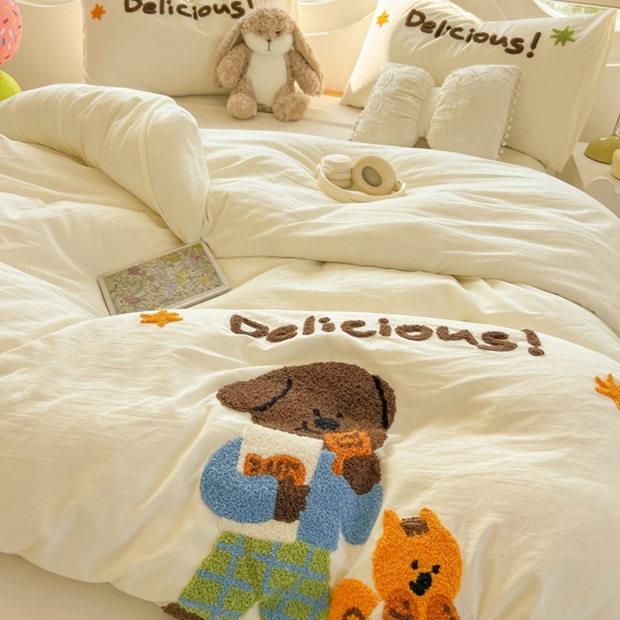 韩巢家纺 2025新款毛巾绣四件套超柔水洗棉学生宿舍床上三件套（提供卖家秀） 贪吃小狗