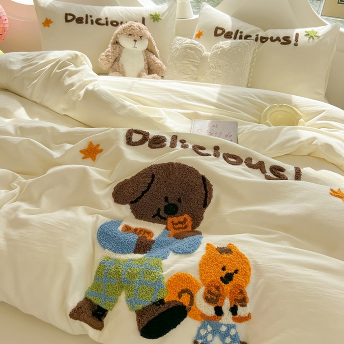 91家纺网 家纺一手货源 找家纺 韩巢家纺 2025新款毛巾绣四件套超柔水洗棉学生宿舍床上三件套（提供卖家秀） 贪吃小狗