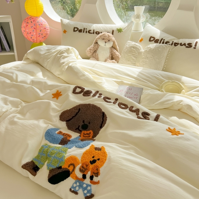 91家纺网 家纺一手货源 找家纺 韩巢家纺 2025新款毛巾绣四件套超柔水洗棉学生宿舍床上三件套（提供卖家秀） 贪吃小狗