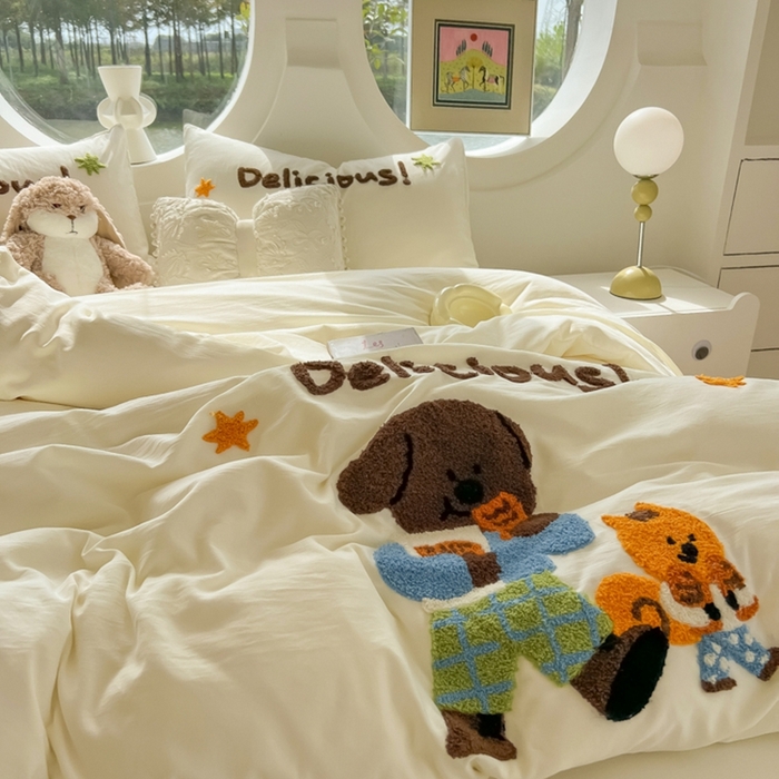 91家纺网 家纺一手货源 找家纺 韩巢家纺 2025新款毛巾绣四件套超柔水洗棉学生宿舍床上三件套（提供卖家秀） 贪吃小狗