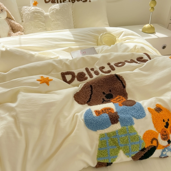 91家纺网 家纺一手货源 找家纺 韩巢家纺 2025新款毛巾绣四件套超柔水洗棉学生宿舍床上三件套（提供卖家秀） 贪吃小狗