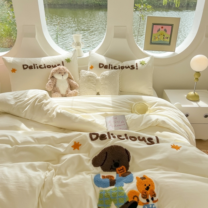 91家纺网 家纺一手货源 找家纺 韩巢家纺 2025新款毛巾绣四件套超柔水洗棉学生宿舍床上三件套（提供卖家秀） 贪吃小狗