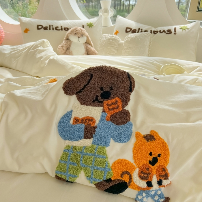 91家纺网 家纺一手货源 找家纺 韩巢家纺 2025新款毛巾绣四件套超柔水洗棉学生宿舍床上三件套（提供卖家秀） 贪吃小狗