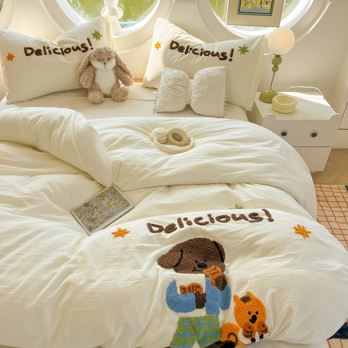 91家纺网 家纺一手货源 找家纺 韩巢家纺 2025新款毛巾绣四件套超柔水洗棉学生宿舍床上三件套（提供卖家秀） 贪吃小狗