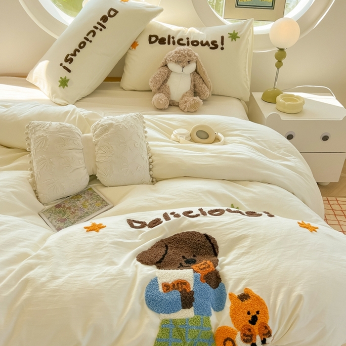 91家纺网 家纺一手货源 找家纺 韩巢家纺 2025新款毛巾绣四件套超柔水洗棉学生宿舍床上三件套（提供卖家秀） 贪吃小狗