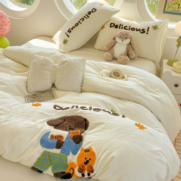 91家纺网 家纺一手货源 找家纺 韩巢家纺 2025新款毛巾绣四件套超柔水洗棉学生宿舍床上三件套（提供卖家秀） 贪吃小狗