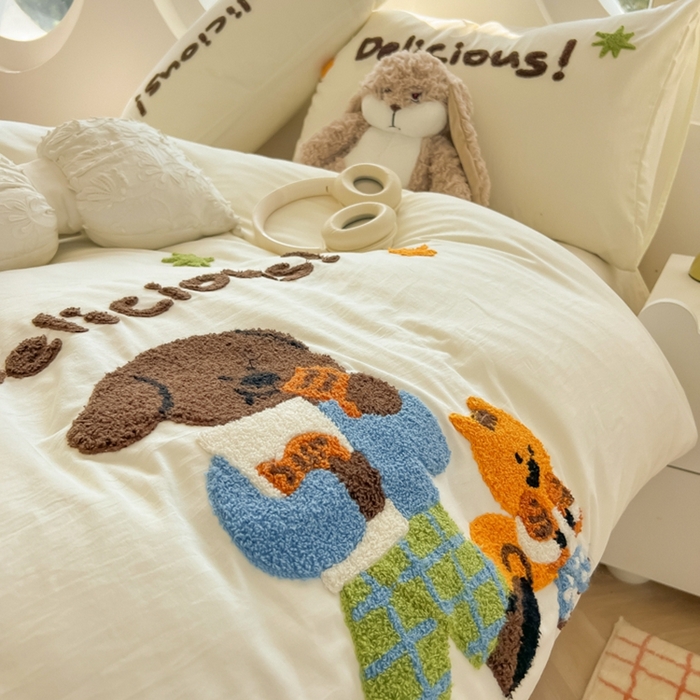 91家纺网 家纺一手货源 找家纺 韩巢家纺 2025新款毛巾绣四件套超柔水洗棉学生宿舍床上三件套（提供卖家秀） 贪吃小狗