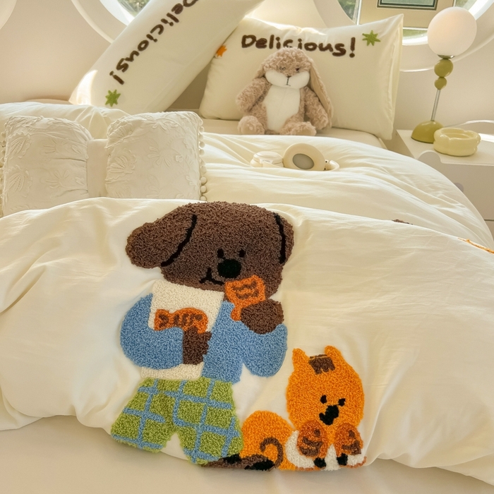 91家纺网 家纺一手货源 找家纺 韩巢家纺 2025新款毛巾绣四件套超柔水洗棉学生宿舍床上三件套（提供卖家秀） 贪吃小狗