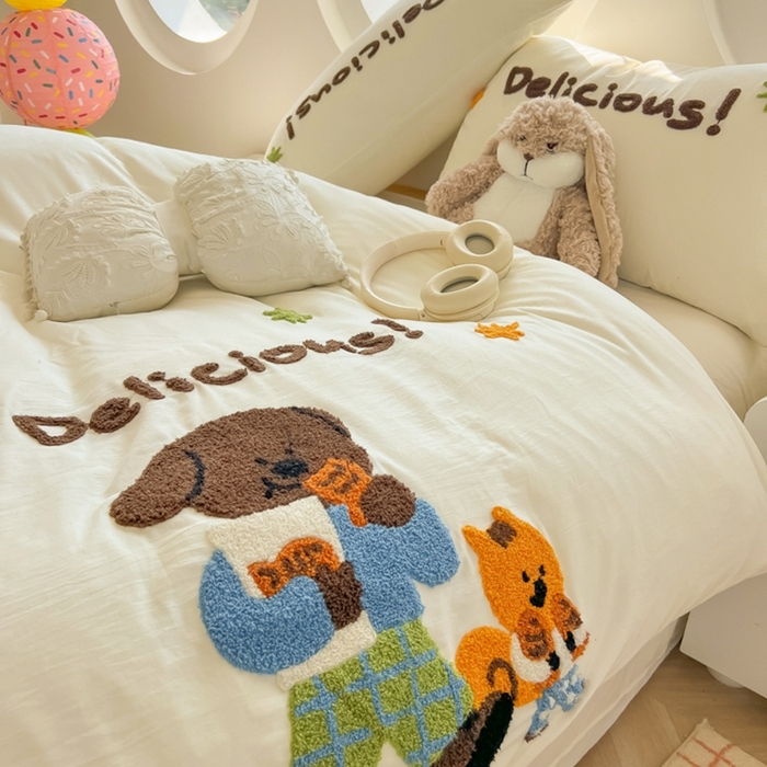 91家纺网 家纺一手货源 找家纺 韩巢家纺 2025新款毛巾绣四件套超柔水洗棉学生宿舍床上三件套（提供卖家秀） 贪吃小狗