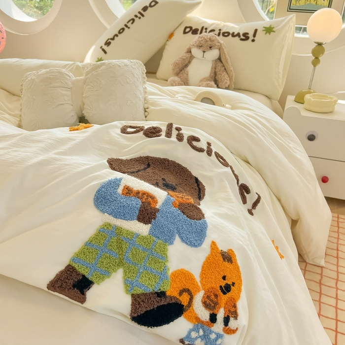 91家纺网 家纺一手货源 找家纺 韩巢家纺 2025新款毛巾绣四件套超柔水洗棉学生宿舍床上三件套（提供卖家秀） 贪吃小狗