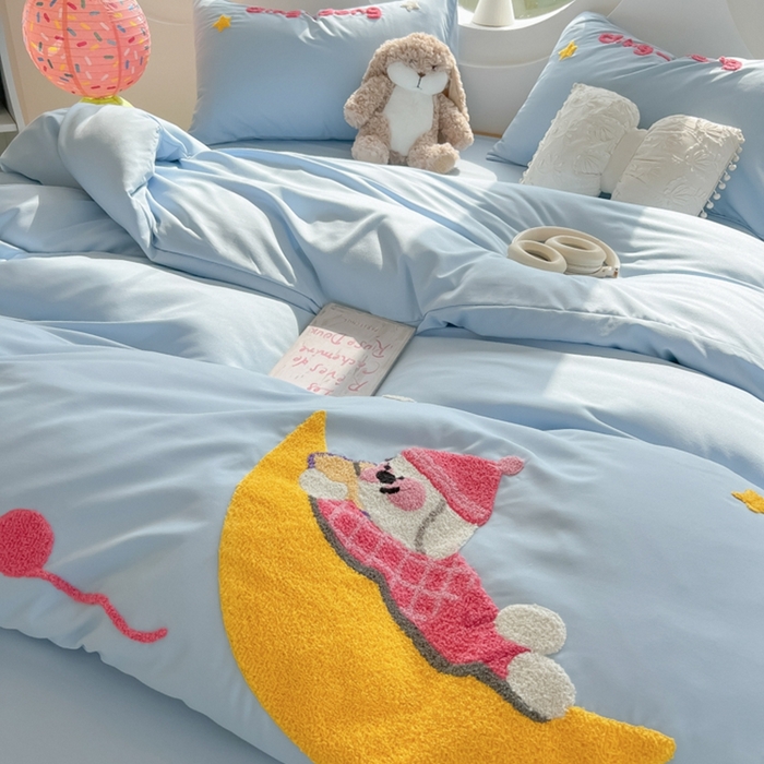 91家纺网 家纺一手货源 找家纺 韩巢家纺 2025新款毛巾绣四件套超柔水洗棉学生宿舍床上三件套（提供卖家秀） 晚安