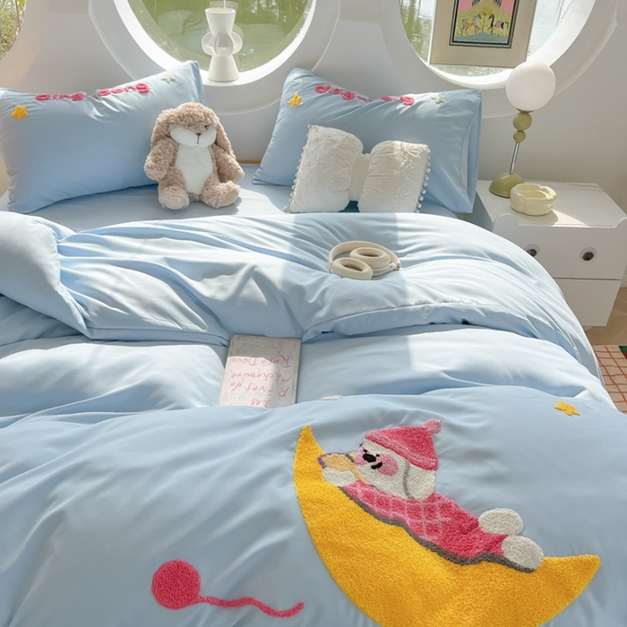 91家纺网 家纺一手货源 找家纺 韩巢家纺 2025新款毛巾绣四件套超柔水洗棉学生宿舍床上三件套（提供卖家秀） 晚安