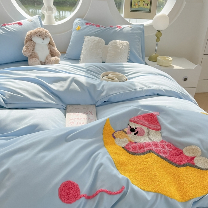 91家纺网 家纺一手货源 找家纺 韩巢家纺 2025新款毛巾绣四件套超柔水洗棉学生宿舍床上三件套（提供卖家秀） 晚安