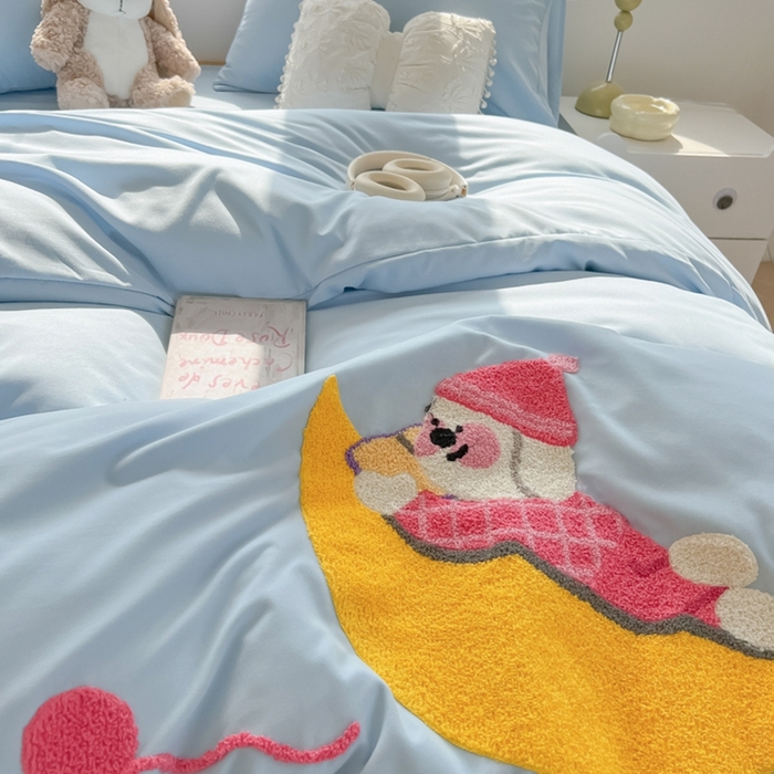 91家纺网 家纺一手货源 找家纺 韩巢家纺 2025新款毛巾绣四件套超柔水洗棉学生宿舍床上三件套（提供卖家秀） 晚安