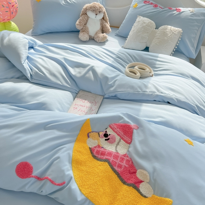 91家纺网 家纺一手货源 找家纺 韩巢家纺 2025新款毛巾绣四件套超柔水洗棉学生宿舍床上三件套（提供卖家秀） 晚安