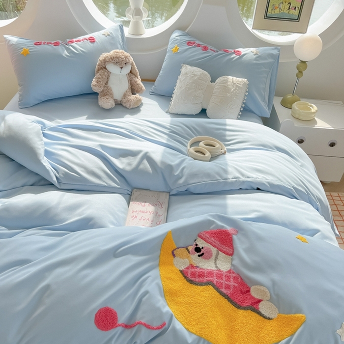 91家纺网 家纺一手货源 找家纺 韩巢家纺 2025新款毛巾绣四件套超柔水洗棉学生宿舍床上三件套（提供卖家秀） 晚安