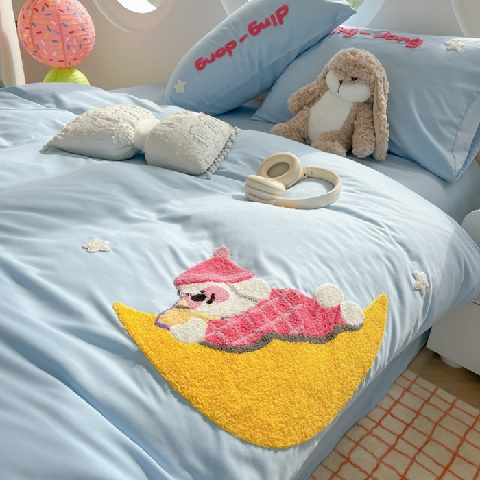 91家纺网 家纺一手货源 找家纺 韩巢家纺 2025新款毛巾绣四件套超柔水洗棉学生宿舍床上三件套（提供卖家秀） 晚安