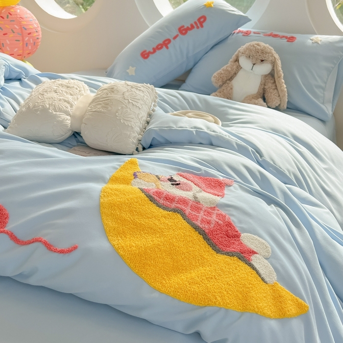 91家纺网 家纺一手货源 找家纺 韩巢家纺 2025新款毛巾绣四件套超柔水洗棉学生宿舍床上三件套（提供卖家秀） 晚安